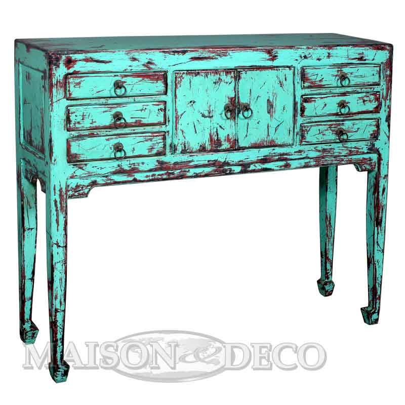 Sbs 163 M Chinese Klang Table Rustic, Hand Painted Distressed Turquoise Finish Console Table
